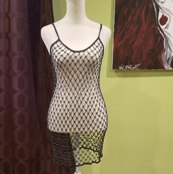 Tops - NWOT Gray Crochet Fishnet Silver Beaded Tank Top